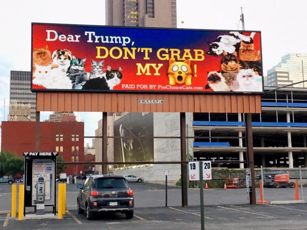 Trump don't grab my - then a picture of a cat - on a billboard