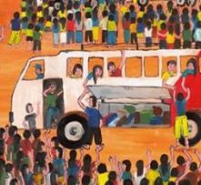 Colorful drawing of a white van and lots of people gathered around it