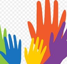 Green, blue, yellow red and purple hands reaching up