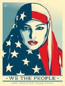 Drawing of woman in Muslim headgear tat is red white and blue