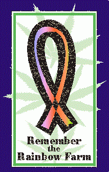 Drawing of a ribbon that is purple and orange and words Remember Rainbow Farm