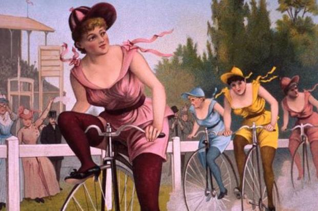 Old fashioned art of woman riding a bike with a huge front wheel and small back wheel