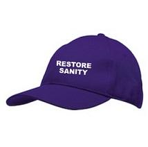 Purple baseball cap that says Restore Sanity