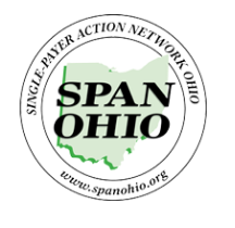 Circle with words Single Payer Action Network Ohio SPAN OHIO www.spanohio.org with a map of Ohio in the middle