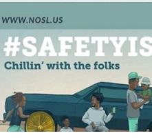 People outside next to a truck, the words #Safetis Chillin' with the folks