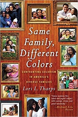 Brown book cover with lots of family photos on the front depicting families with people of different colors and the words Same Family, Different Colors
