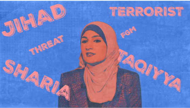 Red and blue picture of woman wearing head scarf against background with words terror, attack, etc.