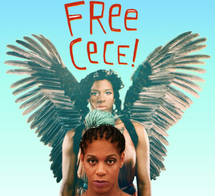 Words in handwriting font Free Cece! and a black woman's face at bottom with her being an angel above her