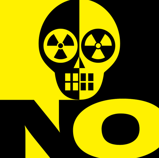 Skull with radioactive symbols for eyes and the word NO