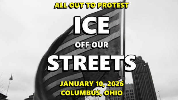 ICE off our streets in front of upside down US flag