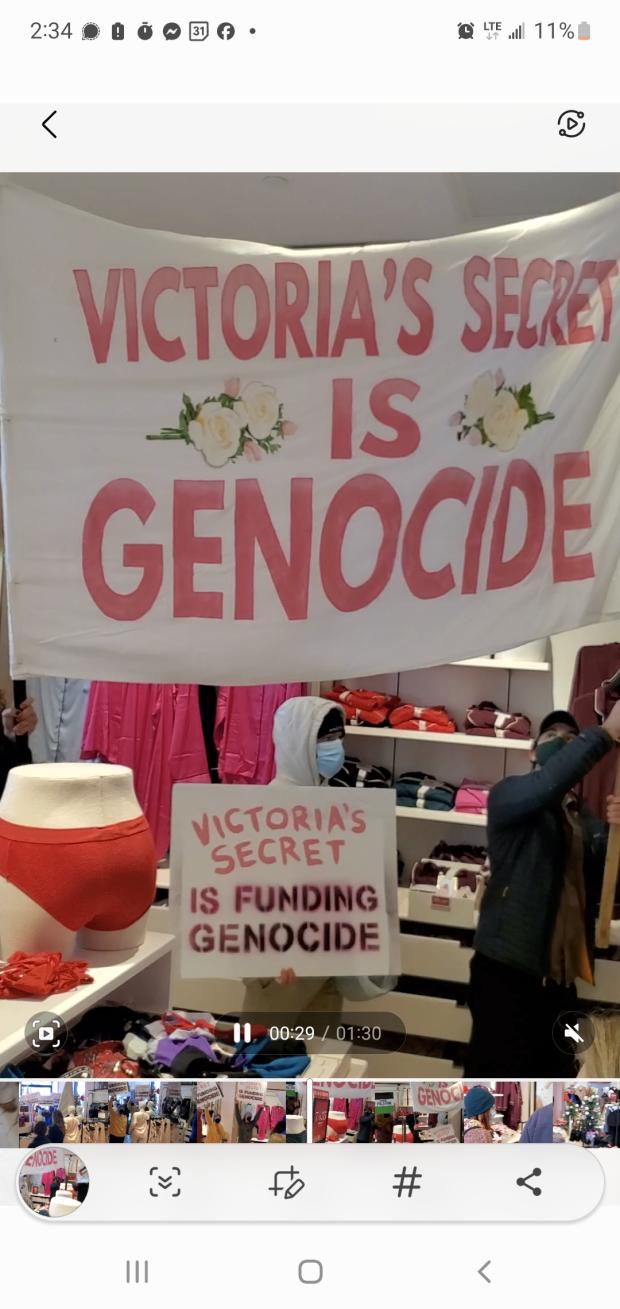 Sign saying VIctoria's Secret is funding genocide
