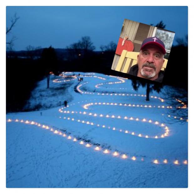Serpent Mound and big screen with face of Dave "Coach" Daubenmire 