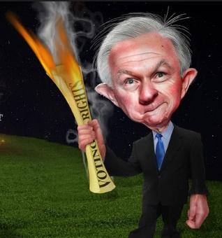 Cartoon of weird looking gray haired man with big ears in a suit holding a fiery torch made of a rolled up paper that says Voting Rights on it