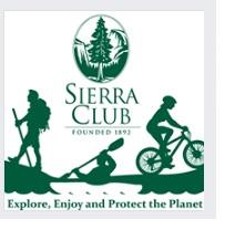 Green and white logo with a bi tree against mountains above the words Sierra Club and below people hiking, biking and kayaking
