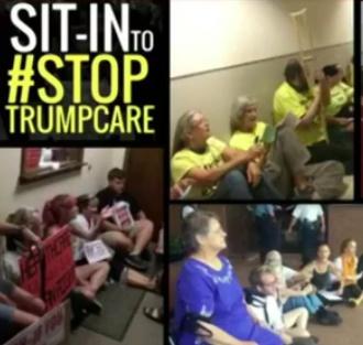 Three photos showing people sitting on the floor and the words Sit in to #Stop Trumpcare
