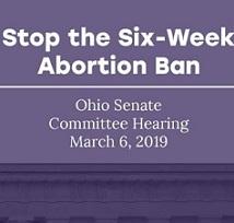 words Six Week Abortion Ban against blue background and details about event