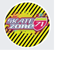 Round circle with yellow and black diagonal stripes and words SkateZone 71