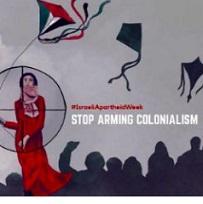 Words Stop Arming Colonialism and drawing of woman with a kite and other kites in the air and people below with fists in air