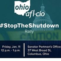 Blue background with muted image of a capitol dome and an image of the state of ohio with the words AFL-CIO and #StoptheShutdown Rally and details of the event
