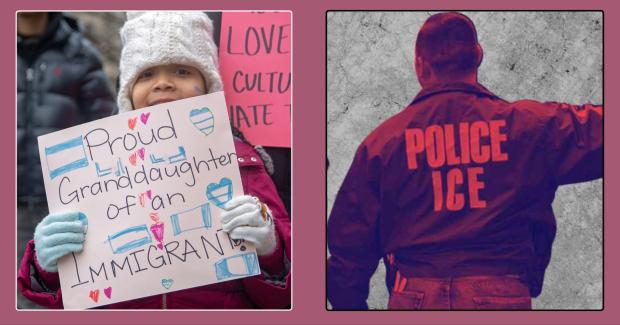 Girl holding pro-immigrant sign and ICE