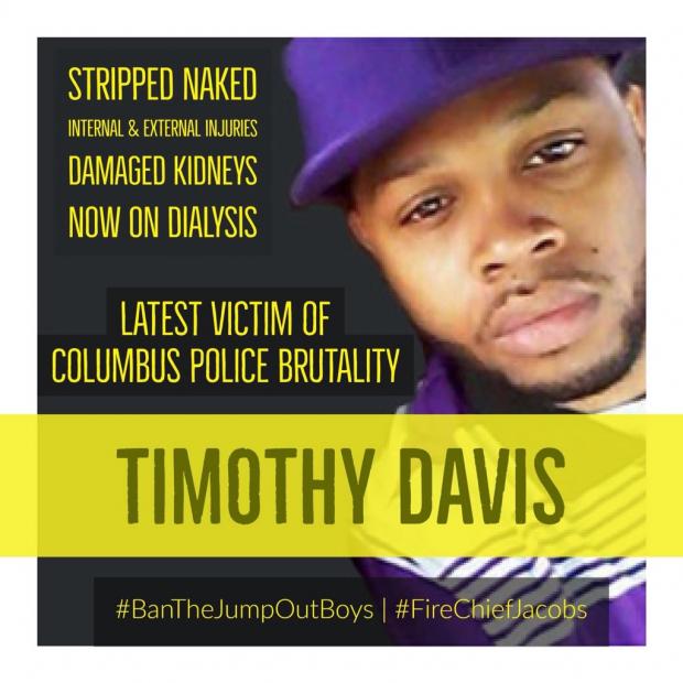 Black man's face with a goatee and purple baseball cap looking sad and words Timothy Davis, stripped naked latest victim of Columbus police brutality