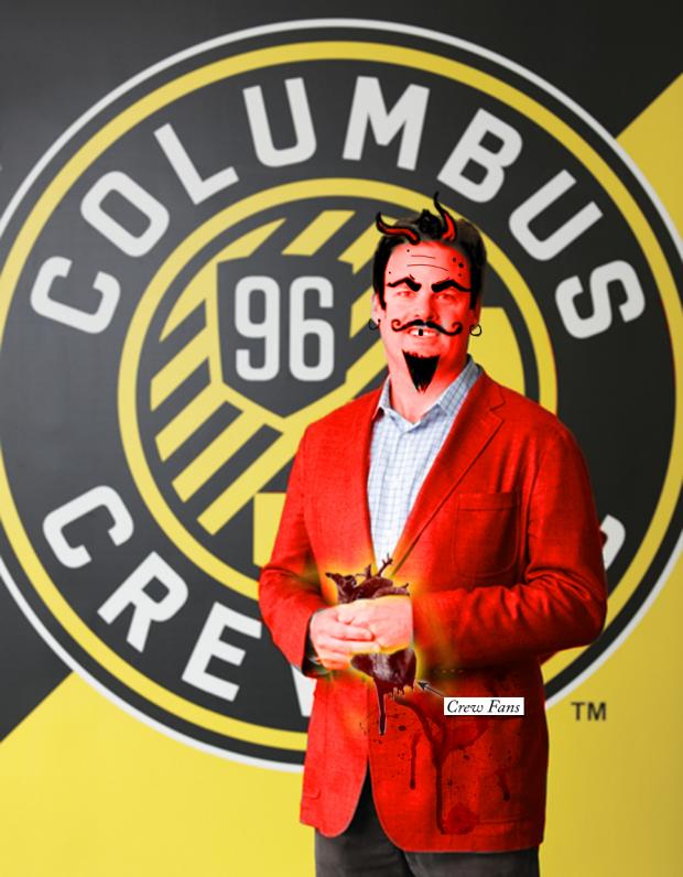 A Circle with the words Columbus Crew in it and the number 96 with cartoonish man wearing a red suite jacket in front with black hair and devil horns, mustache and goatee