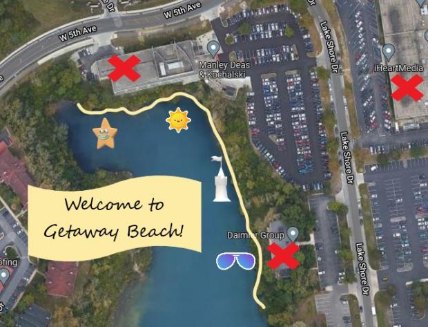 Birds eye view of quarry and words Welcome to Getaway Beach!