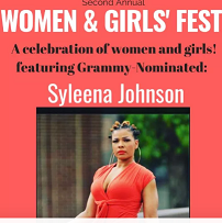 Red background with words Women & Girls' Fest and Syleena Johnson and a photo of a black woman with braids on top and a red dress