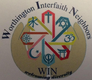 Worhtington Interfatih Neighbors logo - round circle with symbols inside and the name of the groups and words Welcoming Diversity