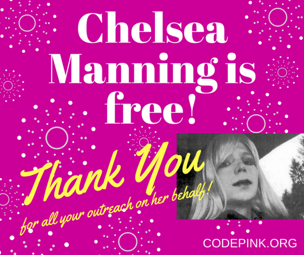Pink background with photos of blonde woman and words Chelsea Manning is free! Thank  you for all your outreach on her behalf!