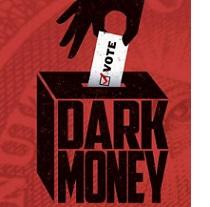 Red background with watermark like dollar bill a drawing of hand putting a paper that says VOTE in a box that says Dark Money on the side