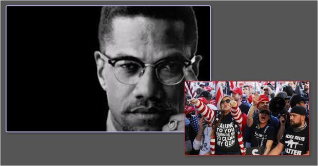 Malcolm X and person wearing red, white and blue