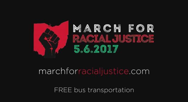 Fist and state of Ohio with words March for Racial Justice