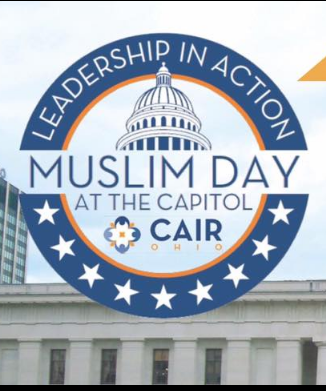 Blue circle with stars at the bottom and the words Leadership in action Muslim day at the capitol and a picture of the statehouse