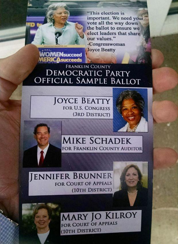 Flier with faces  of men and women running for office with words Democratic Party sample ballot