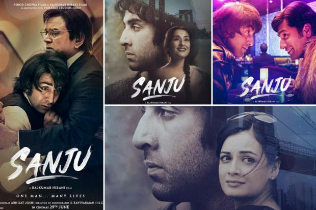 Several squares of photos of close-up of man's face and the word Sanju