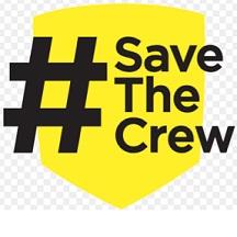 Yellow badge symbol and a black hashtag and words Save the Crew