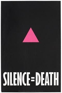 Pink triangle on black background with words Silence equals death