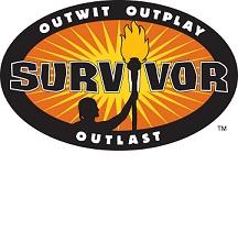 Oval with the word Survivor in the middle and a drawing of a guy with a torch and the words Outwit Outplay and Outlast on the perimeter