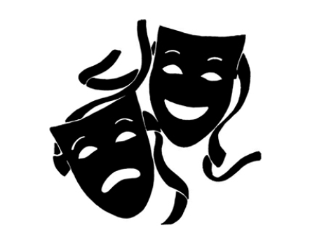 Drawing of two masks, one smiling, one frowning