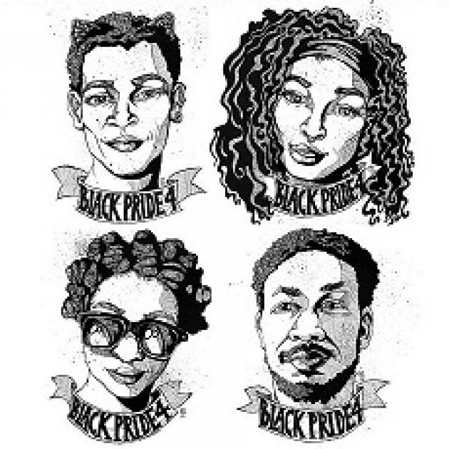 Four sketches of four young black people two men and two women with words Black Pride 4 under each of them like in a ribbon