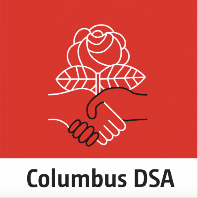Red background with a black and white hand shaking and a white rose with the words Columbus DSA below