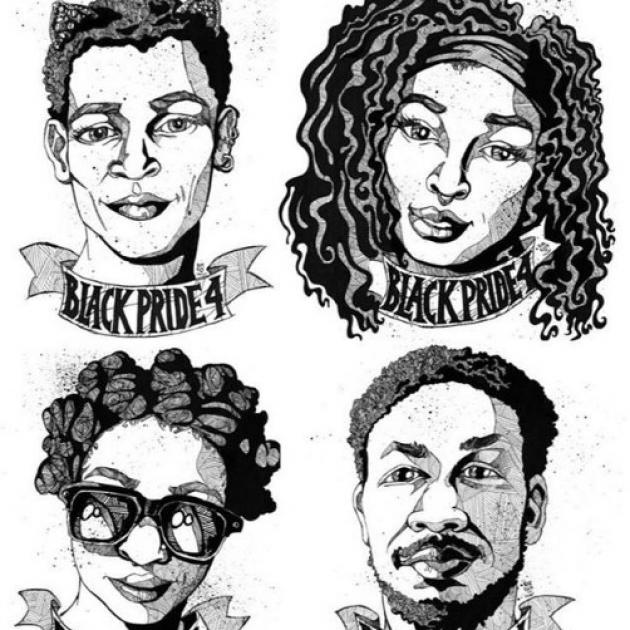 Sketch of four young black people, two women, two men, with words BlackPride4