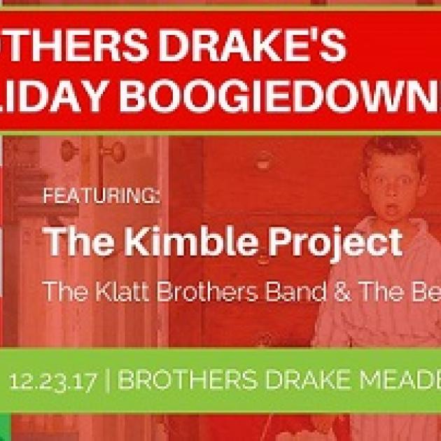 Red background, young boy in pajamas with surprised look on his face, words Brothers Drake Holiday Booigedown featuring the Kimble Project the Klatt Brothers 