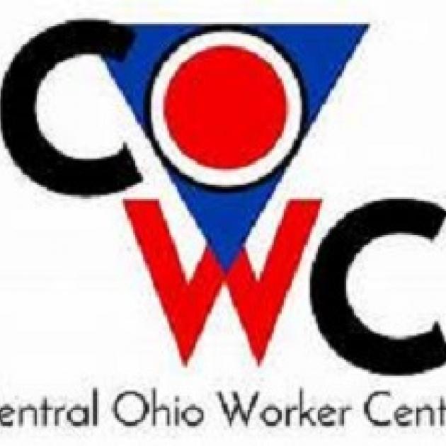 Logo of Central Ohio Worker Center with large COWC with red and black letters and the O in a blue triangle