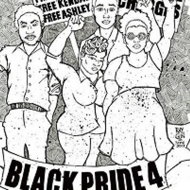 Sketch of four young black people with fists in air and words BlackPride4