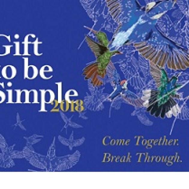 Blue backgrouond with hummingbird art at a flower and words Gift to be Simple, and words Come together break through