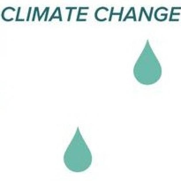 The words climate change and two drops of water in blue-green