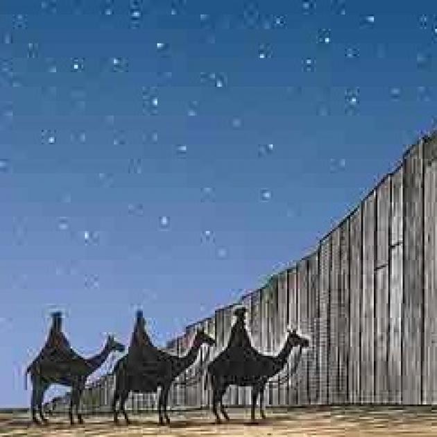 A drawing of three ken in robes in a line on three camels standing at a big tall wall with a starry sky in the background