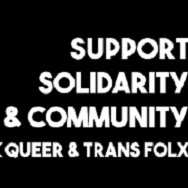 Black background and white letters saying Support Solidarity & Community Black, Queer and Trans Folx